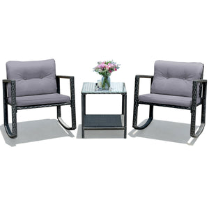 3 Pcs Wicker Rocking Bistro Set with Glass Coffee Table and Storage Shelf-Beige