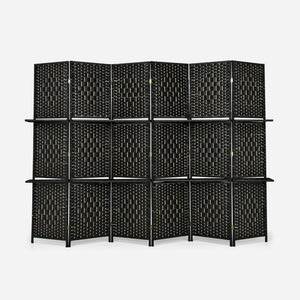 6 Panel Folding Weave Fiber Room Divider with 2 Display Shelves -Brown