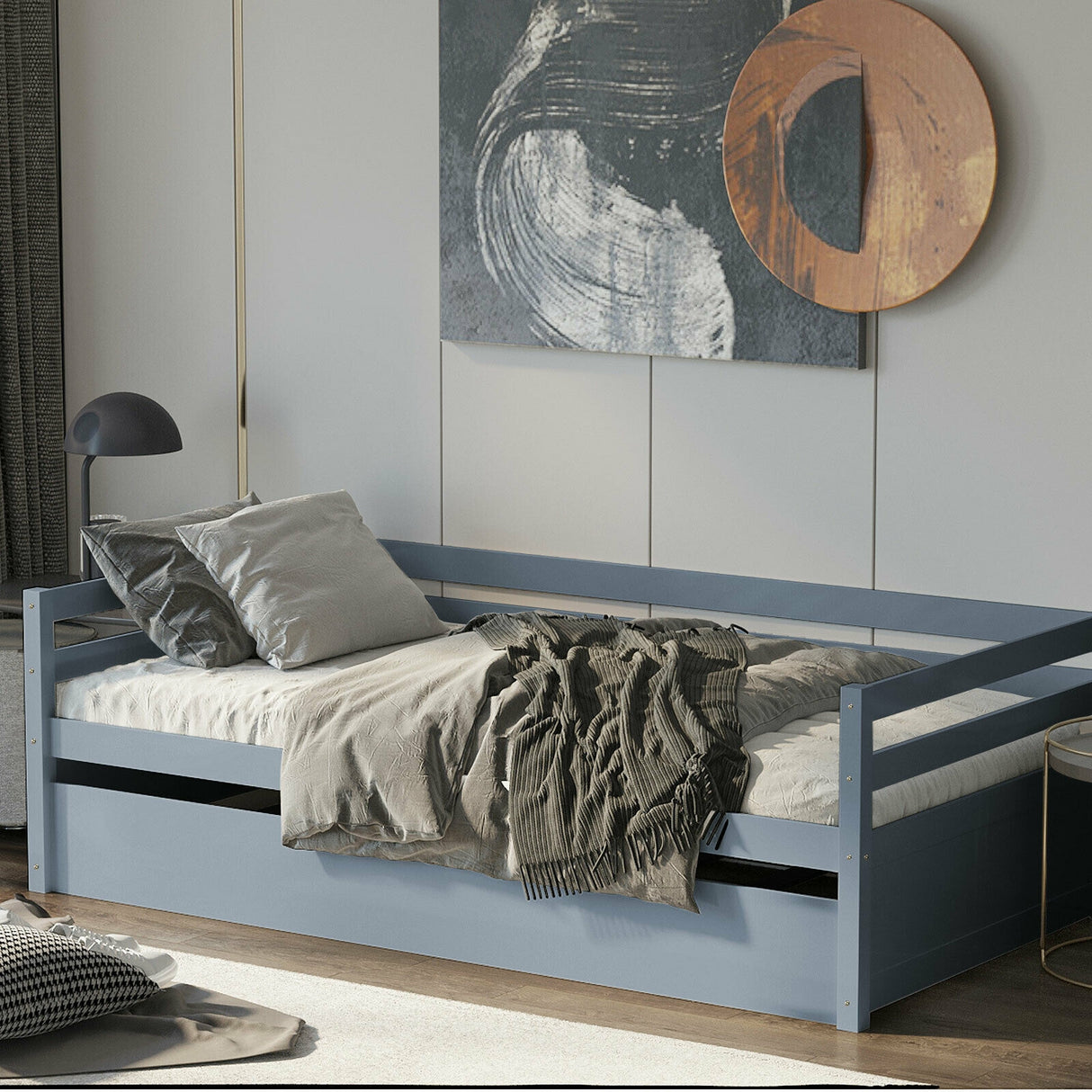 Twin Size Wooden Slat Trundle Platform-Dark Brown