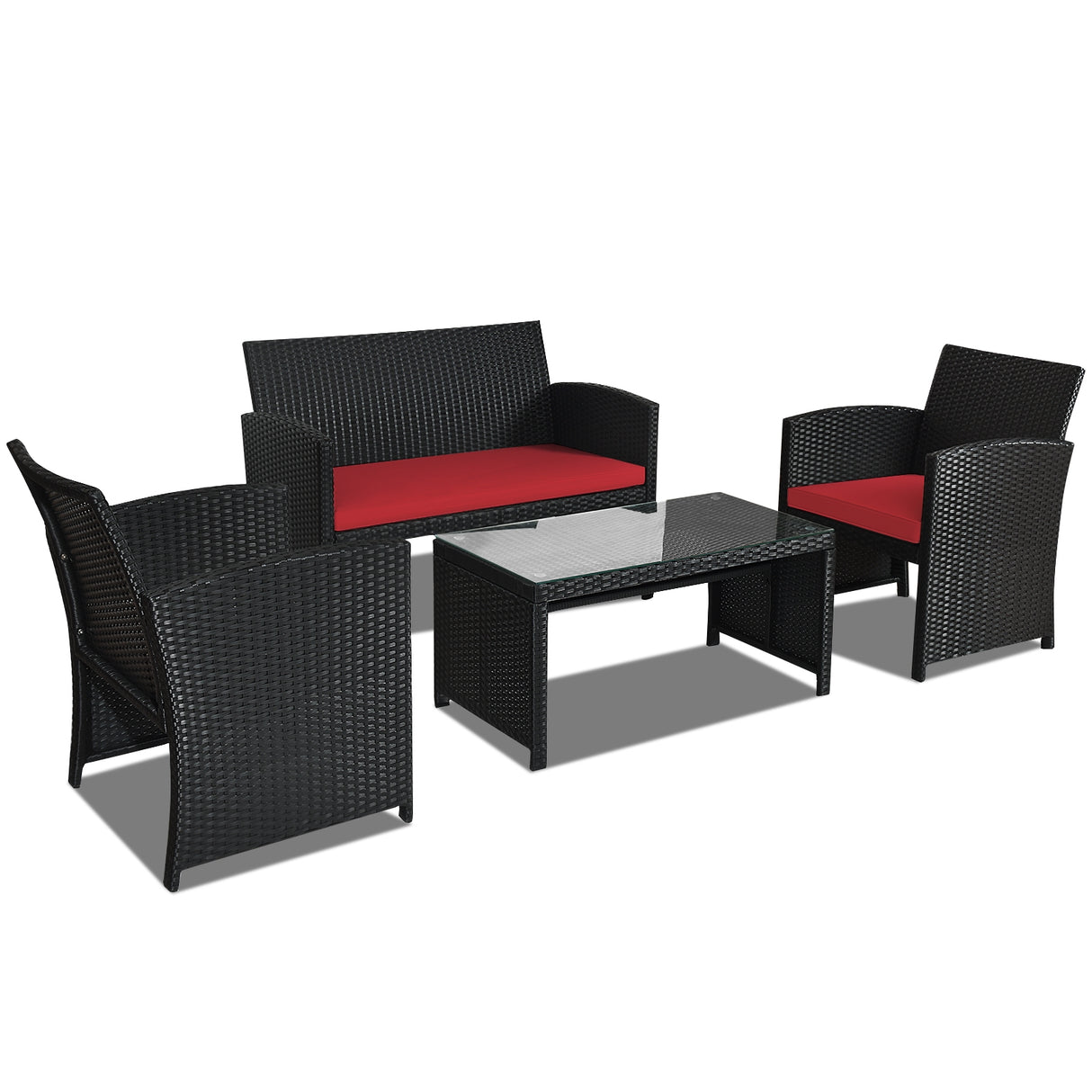 4 Pieces Rattan Patio Furniture Set with Weather Resistant Cushions and Tempered Glass Tabletop-White