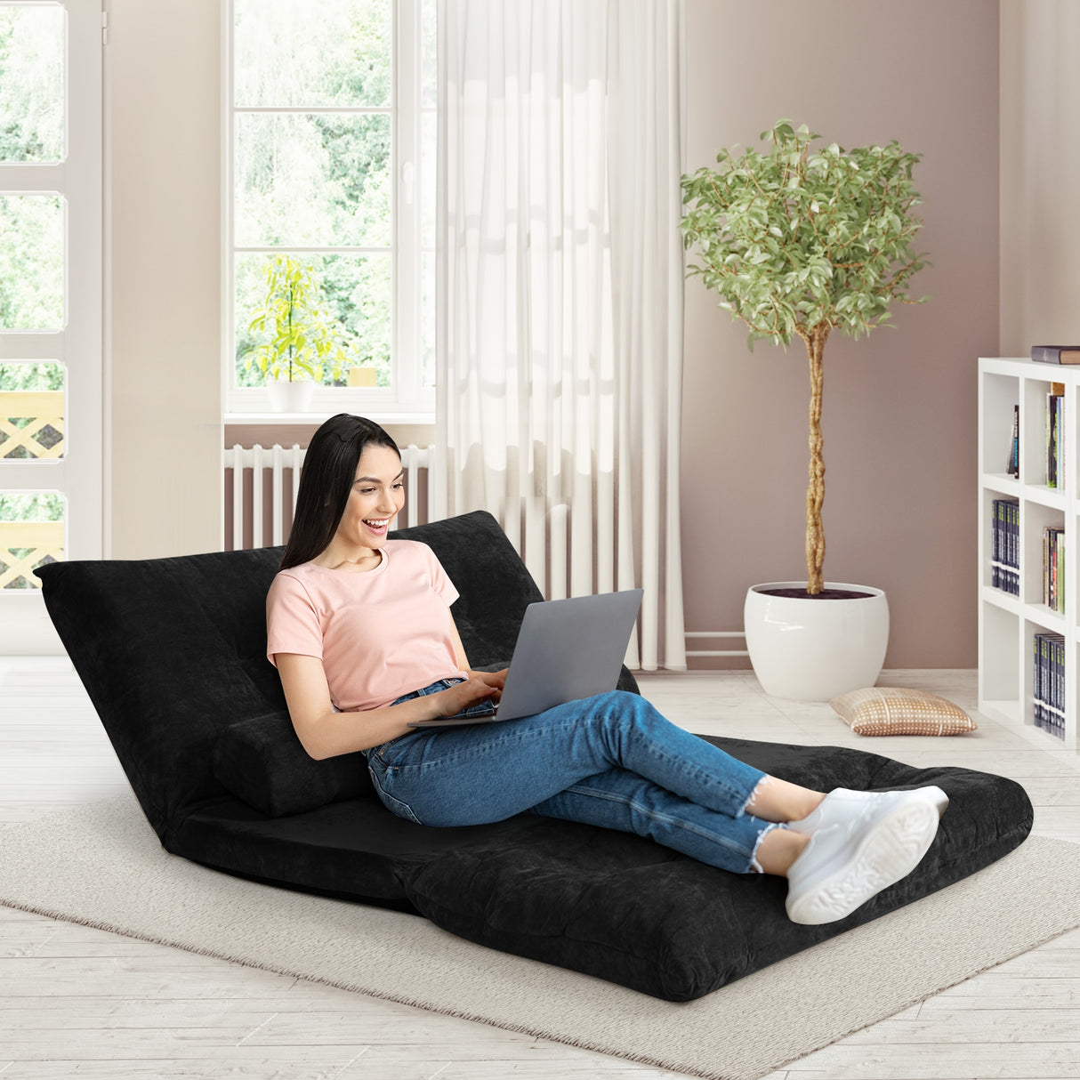 6-Position Adjustable Sleeper Lounge Couch with 2 Pillows-Beige