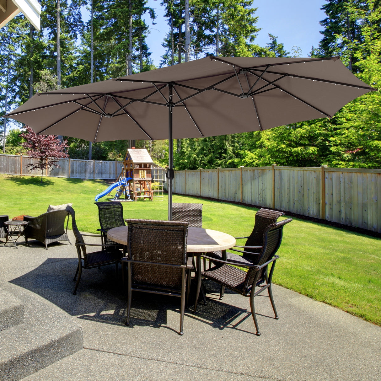15 Feet Twin Patio Umbrella with 48 Solar LED Lights-Beige