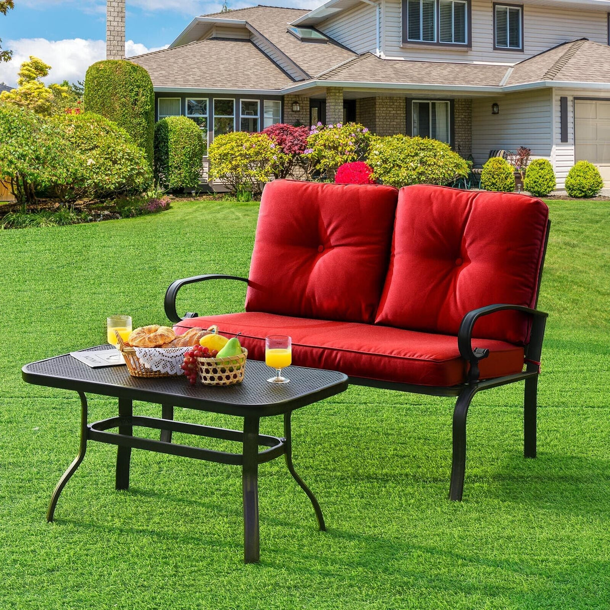 2PCS Patio Loveseat Bench Table Furniture Set with Cushioned Chair-Turquoise