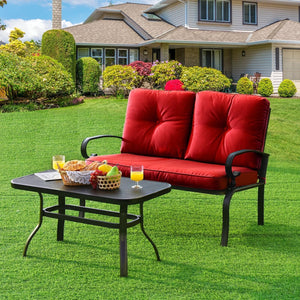 2PCS Patio Loveseat Bench Table Furniture Set with Cushioned Chair-Turquoise