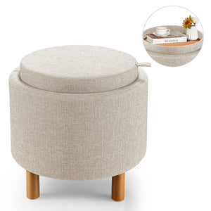 Round Fabric Storage Ottoman with Tray and Non-Slip Pads for Bedroom-Gray