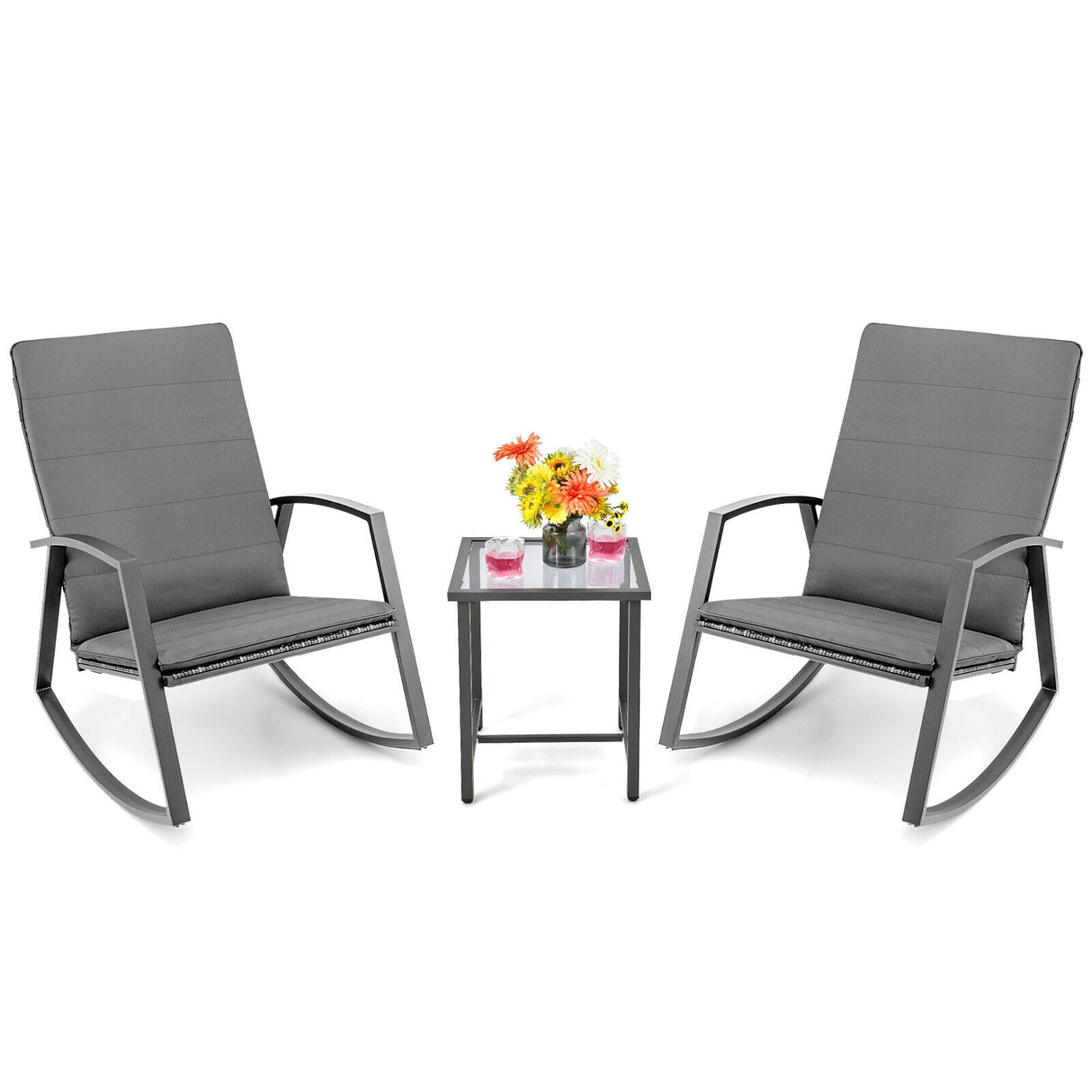 3 Pieces Patio Rattan Rocking Furniture Set-Brown