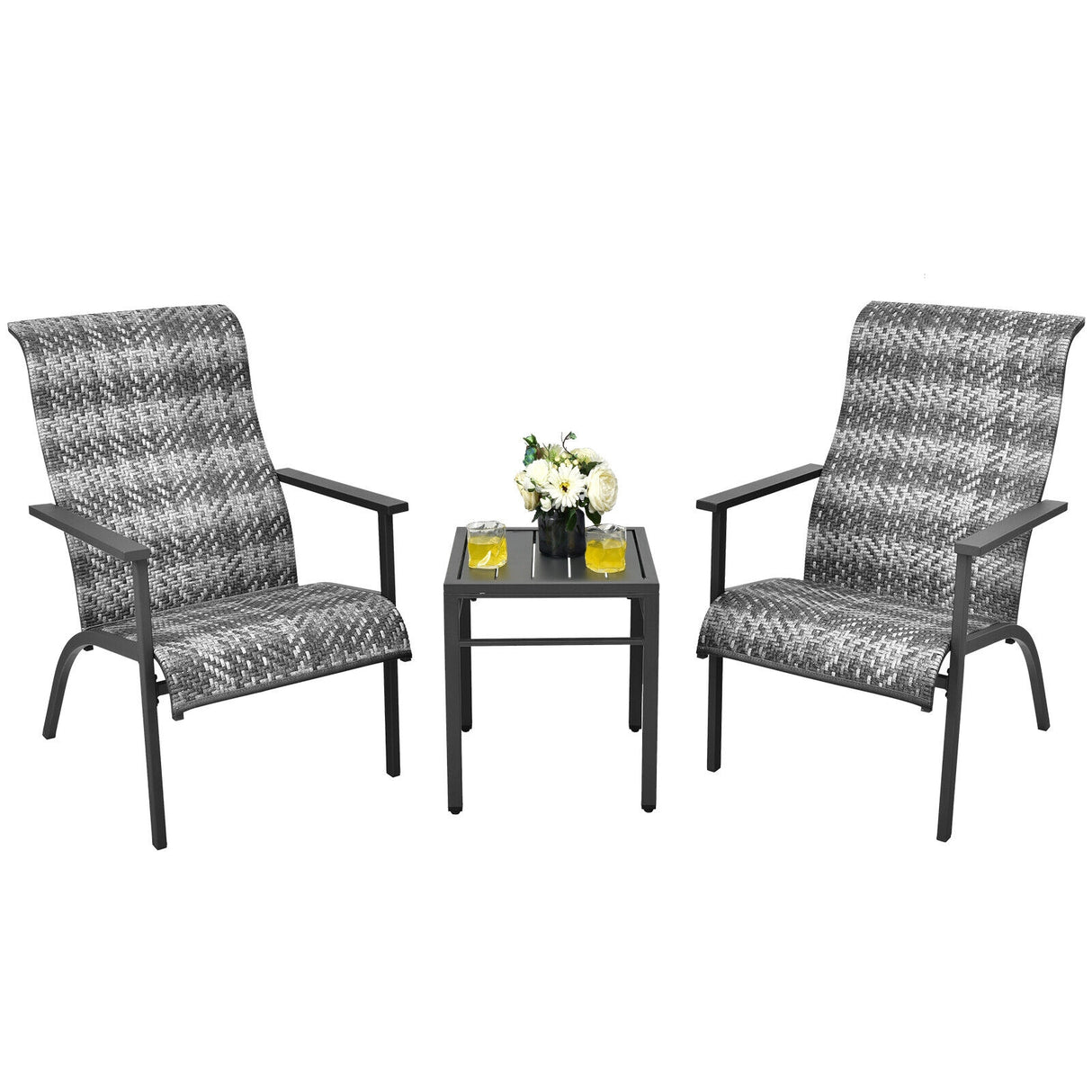3 Pieces Patio Rattan Bistro Set with High Backrest and Armrest-Brown
