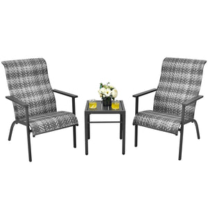 3 Pieces Patio Rattan Bistro Set with High Backrest and Armrest-Brown