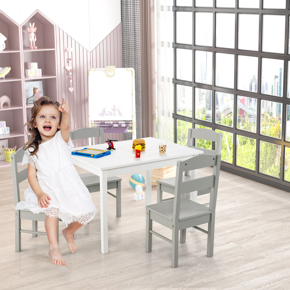 5 pcs Kids Pine Wood Multicolor Table Chair Set