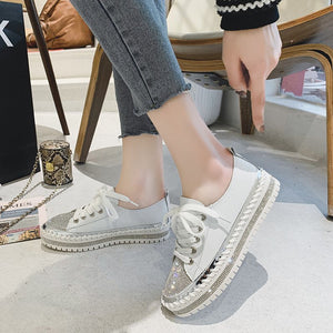 Womens Leopard Sneakers Women Canvas Shoes Leisure Lace-Up Sneakers Rhinestone Shiny Flat Charming Shoes Platform Leisure Low Sneakers
