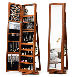 360 ° Rotatable 2-in-1 Lockable Jewelry Cabinet with Full-Length Mirror-Brown