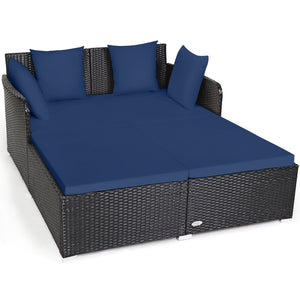 Spacious Outdoor Rattan Daybed with Upholstered Cushions and Pillows-Red