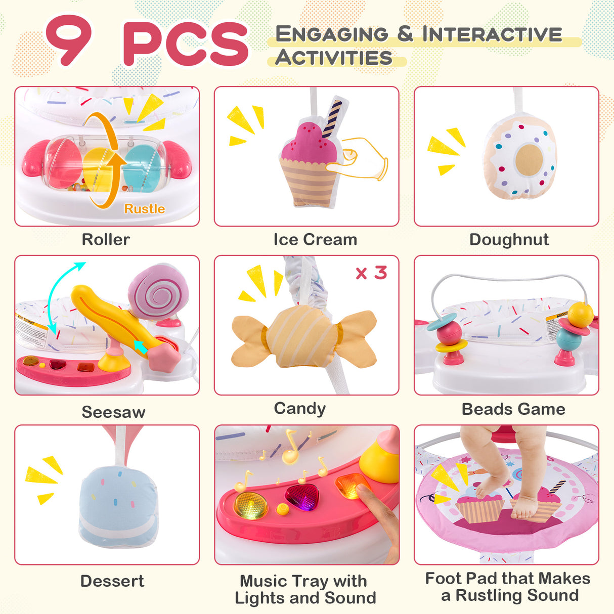 Baby Activity Center Height Adjustable Baby Bouncing Saucer with Interactive Toys-Pink