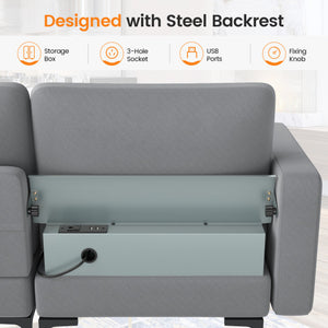 Modular 3-Seat Sofa Couch with Socket USB Ports and Side Storage Pocket-Gray