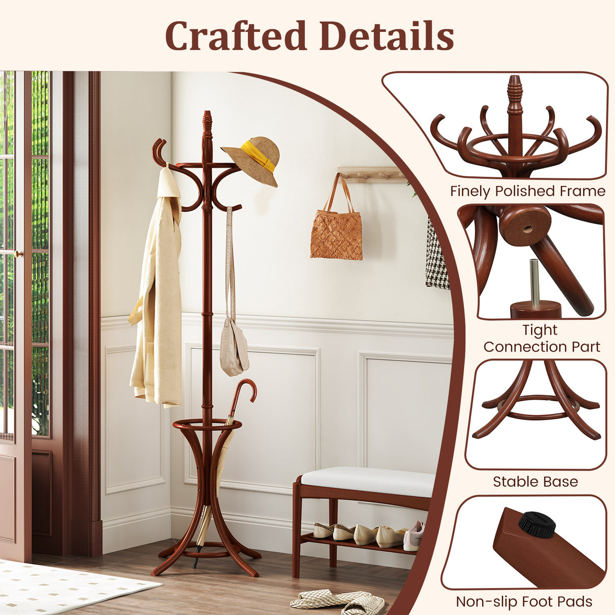 Wood Standing Hat Coat Rack with Umbrella Stand-Black