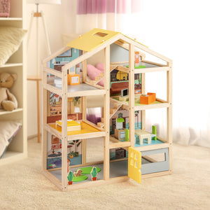Wooden Dollhouse for Kids Modern Family Pretend Playhouse with Furniture Pieces and Figures-Natural