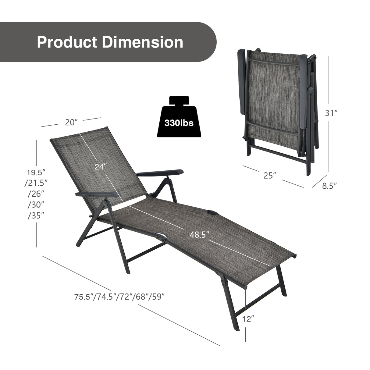 2 Pieces Foldable Chaise Lounge Chair with 2-Position Footrest-Brown