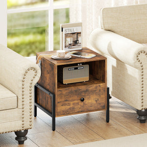 Nightstand with Charging Station and Drawer Sofa Side Table-Rustic Brown