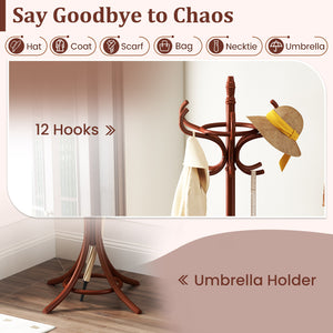Wood Standing Hat Coat Rack with Umbrella Stand-Black