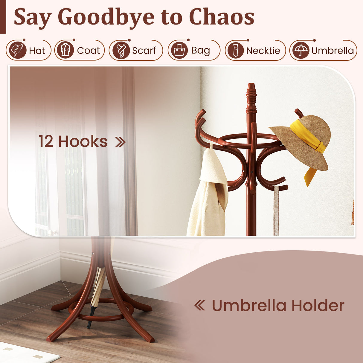 Wood Standing Hat Coat Rack with Umbrella Stand-Brown