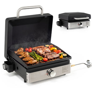 1-Burner Portable Gas Griddle with Lid Non-Stick Ceramic Griddle Plate-Black