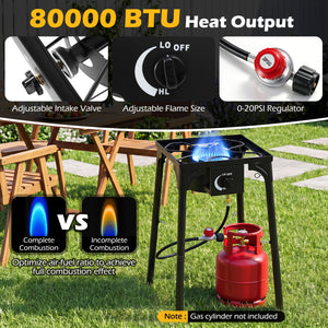 1 Burner Propane Stove 80000 BTU with Adjustable Regulator and Hose for Camping BBQ-Black