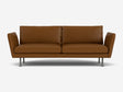 The Form Sofa 92" is a minimalist brown leather sofa featuring two seat cushions and angled armrests on both sides. It stands on four sleek metal legs against a plain white background.