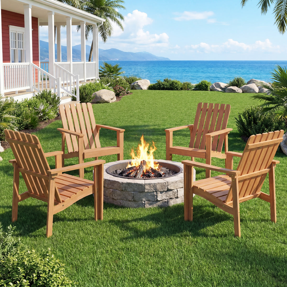 1 Pack Acacia Wood Outdoor Patio Chair with Slatted Backrest and Seat Built-in Armrest