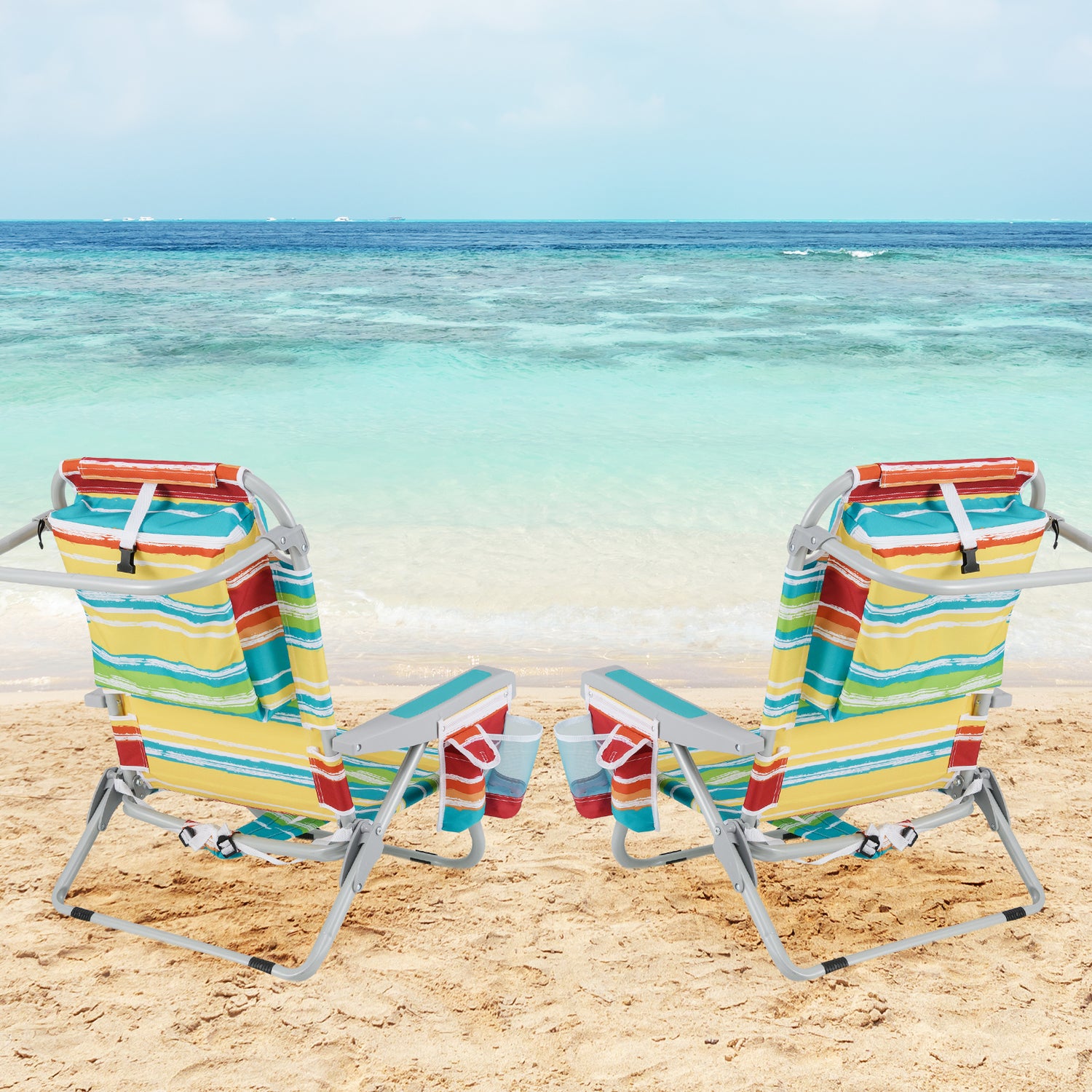 1 Piece Foldable Backpack Beach Chair with Cup Holder and Storage Pockets for Outdoor-Multicolor