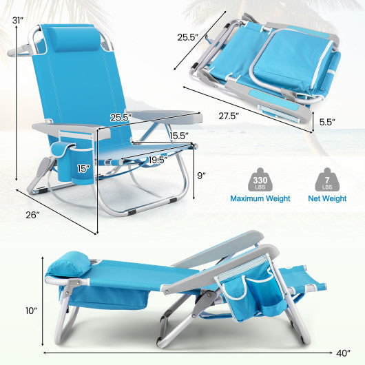1 Piece Foldable Backpack Beach Chair with Cup Holder and Storage Pockets for Outdoor-Blue