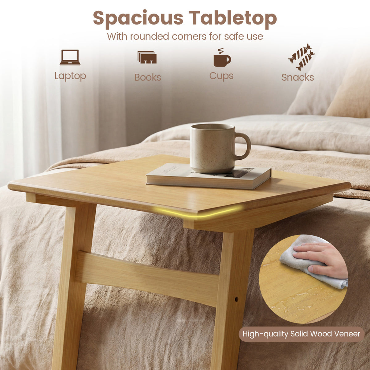 1 Piece Wood Sofa Side Table C-shaped End Table with Wood Veneered Top