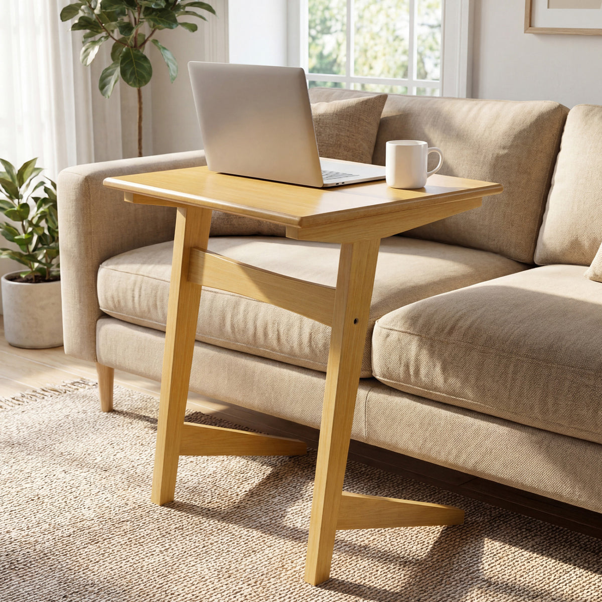1 Piece Wood Sofa Side Table C-shaped End Table with Wood Veneered Top