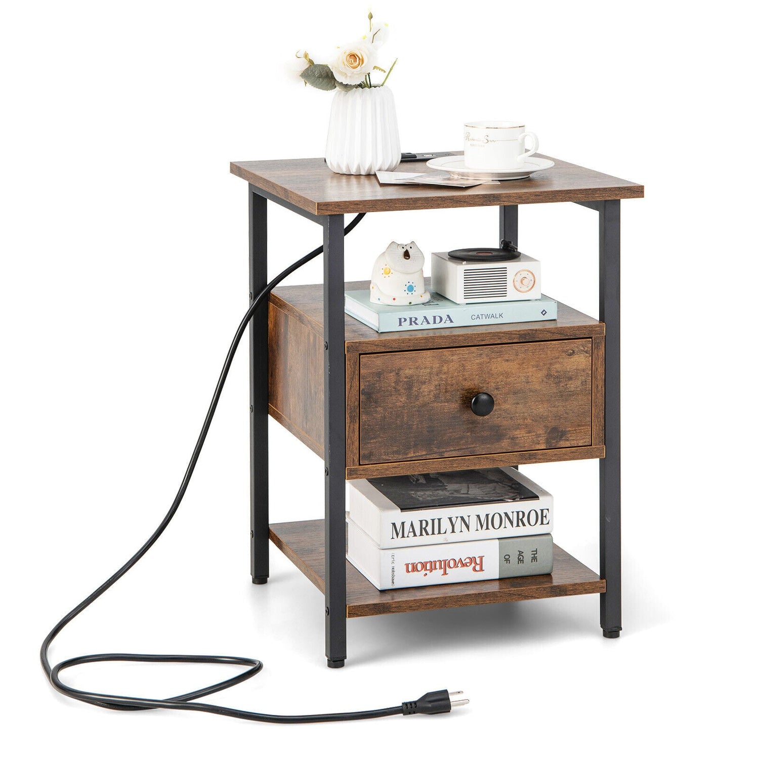 1/2 Pieces 3-Tier Nightstand with Charging Station and Drawer-1 Piece by DirectDeals