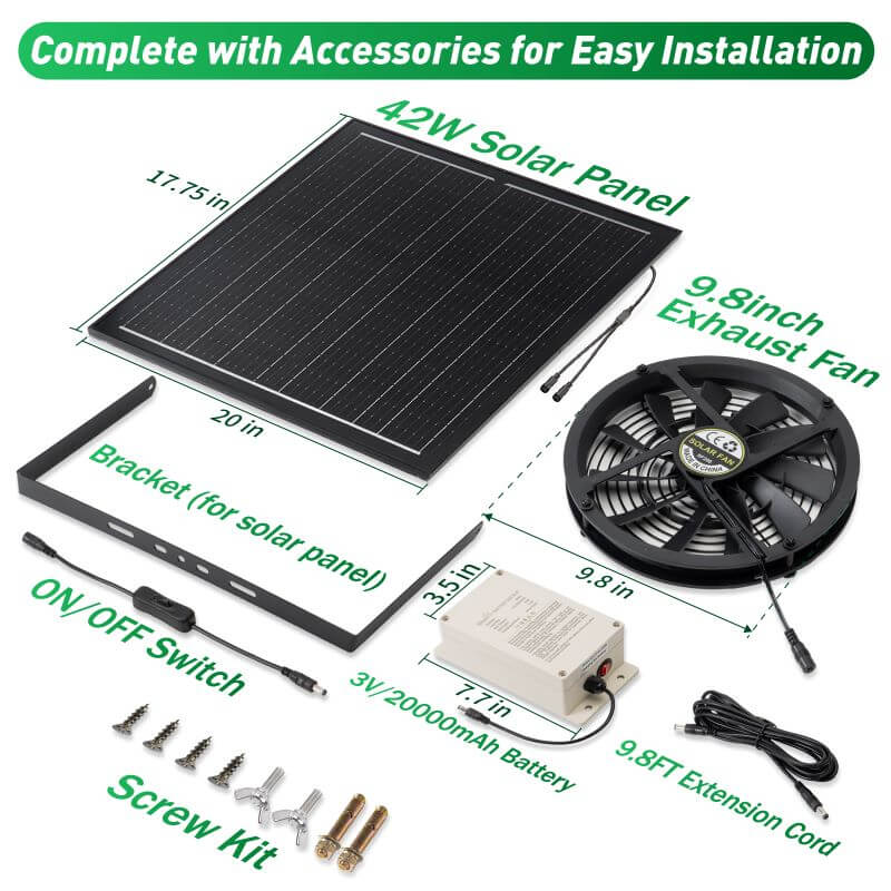 10" Solar Exhaust Intake Fan with Battery&42W Solar Panel