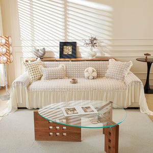 Grid Textured Sofa Cover with Sheer Ruffle Skirt, Pet-Friendly Sofa Throw Slipcover