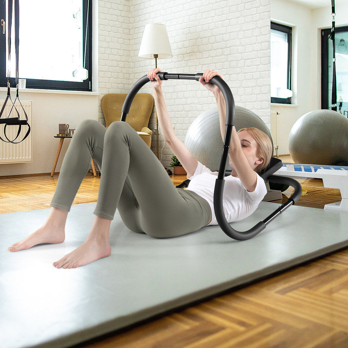 Portable AB Trainer Fitness Crunch Workout Exerciser with Headrest-Black