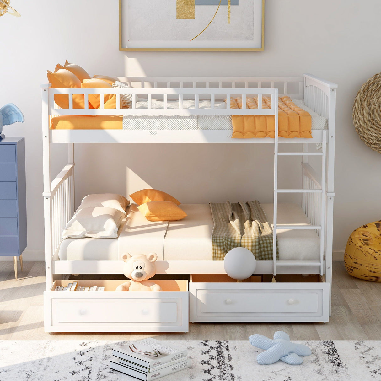 Full Over Full Bunk Bed With Drawers, Convertible Beds - White by Couch.com