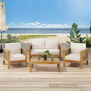 Outdoor 4 Seater Acacia Wood Chat Set With Wicker Accents And Cushions - Teak / Mixed Brown / Beige
