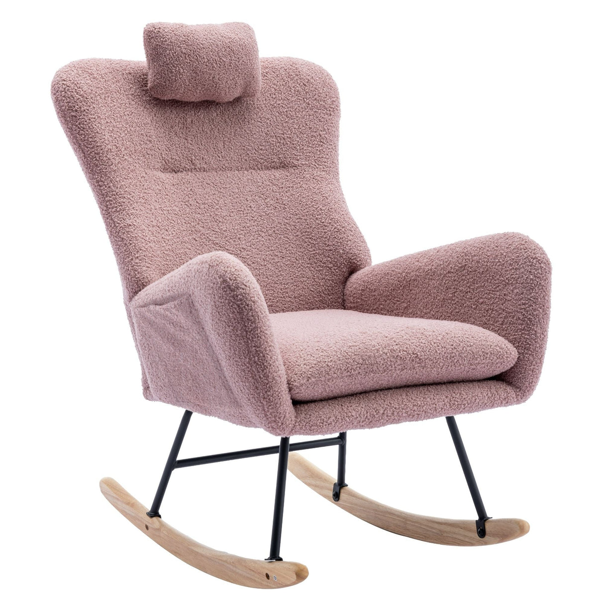 Rocking Chair With Pocket, Soft Teddy Fabric Rocking Chair For Nursery, Comfy Wingback Glider Rocker With Safe Solid Wood Base by Couch.com