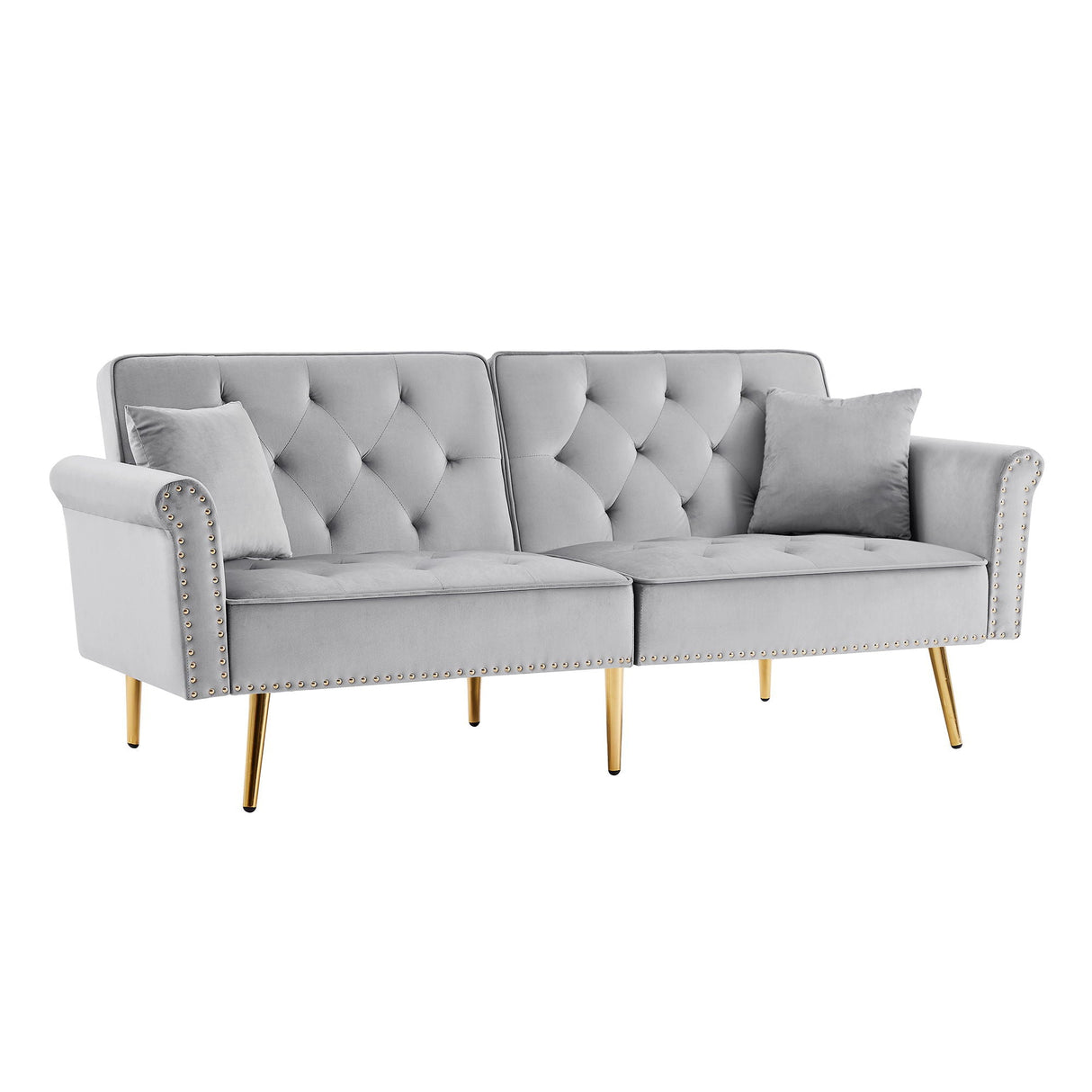 Velvet Tufted Sofa Couch With 2 Pillows And Nailhead Trim by Couch.com