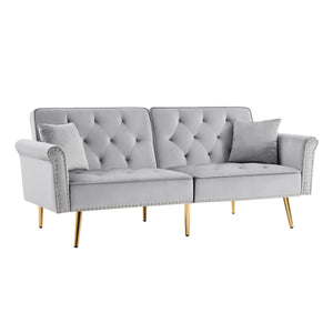 Velvet Tufted Sofa Couch With 2 Pillows And Nailhead Trim by Couch.com