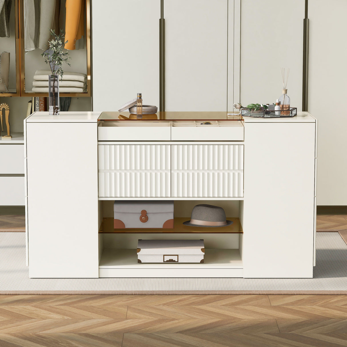 Modern Luxury Multi-Functional Island Vanity Dresser And Storage Cabinet With Glass Tabletop, Display Shelf, 6 Drawers For Walk In Wardrobe And Bedroom - Cream White by Couch.com