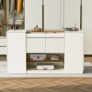 Couch.com Modern Luxury Multi-Functional Island Vanity Dresser And Storage Cabinet With Glass Tabletop, Display Shelf, 6 Drawers For Walk In Wardrobe And Bedroom Cream White, with Storage by Couch.com