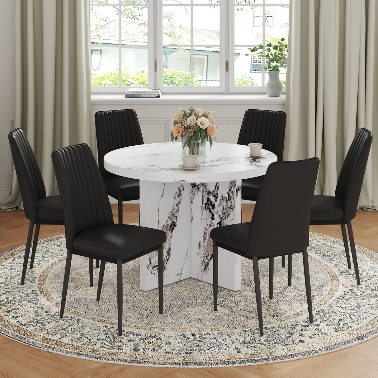 7 Piece Round Dining Table Set, Modern Round Table And 6 Upholstered Chairs For Dining Room, Kitchen Room, Living Room - White / Black by Couch.com
