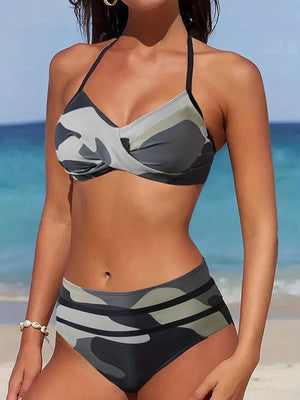 Bikini Camo Print 2 Piece High Cut Halter Swimsuit for Women – Vibrant V Neck Backless Bikini Set with Ruched Detail – Comfortable Stretchy Swimwear for Beach Pool and Summer Vacation