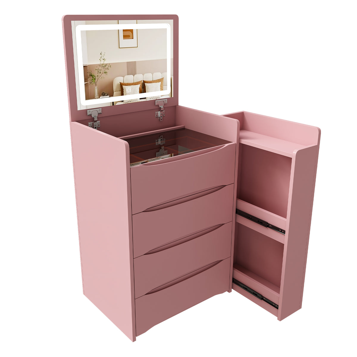 Pink 3-in-1 Flip Mirror Vanity Desk with Adjustable LED Lights, Storage Tray & Stool, MDF Makeup Table for Bedroom