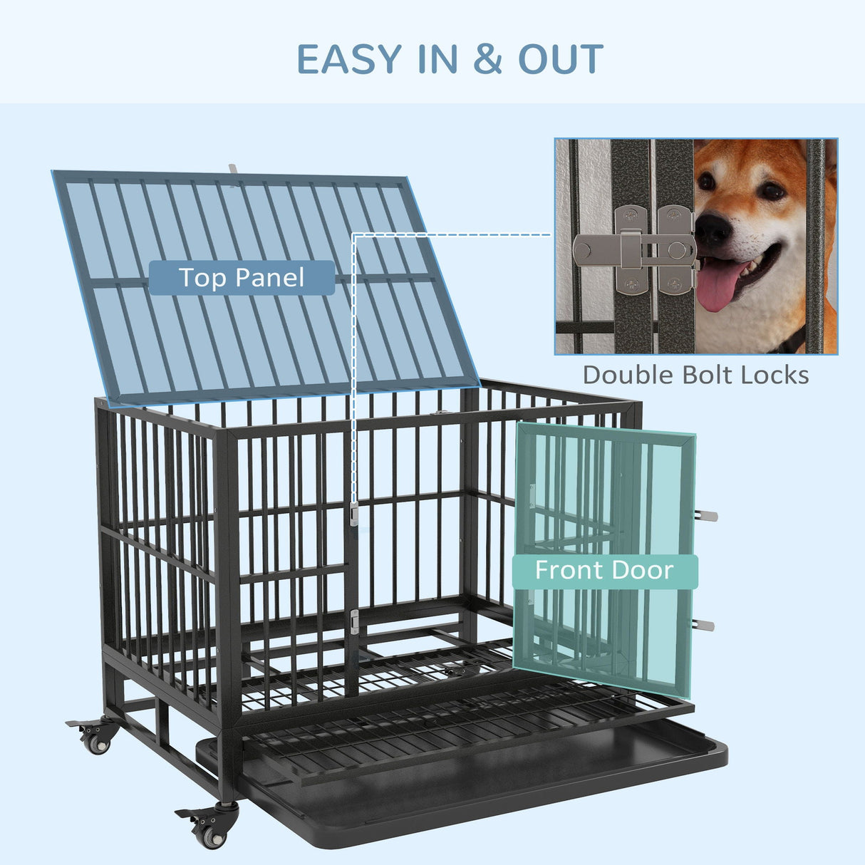Pawhut - 36" Heavy Duty Dog Crate Metal Cage Kennel With Lockable Wheels, Double Door And Removable Tray - Gray by Couch.com