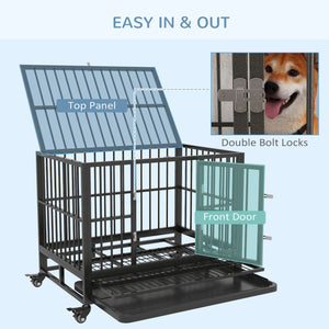 Pawhut - 36" Heavy Duty Dog Crate Metal Cage Kennel With Lockable Wheels, Double Door And Removable Tray - Gray by Couch.com