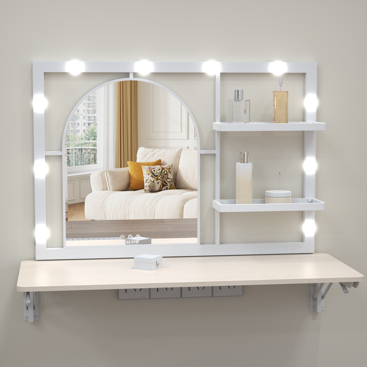 Floating Wall Mounted Makeup Vanity with Arched Mirror for Dressing Bedroom, Vanity Mirror with 12 LED Bulbs, Metal Frame, with 4 Metal Shelf, 35*29 inches (White)