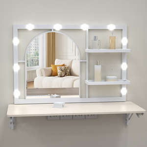 Floating Wall Mounted Makeup Vanity with Arched Mirror for Dressing Bedroom, Vanity Mirror with 12 LED Bulbs, Metal Frame, with 4 Metal Shelf, 35*29 inches (White)